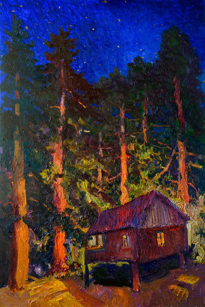 Expressive Landscape Oil Painting By Suren Nersisyan, 24 X 36", Cabin In The Woods, Night, Original Artwork