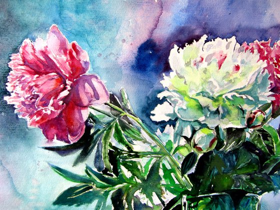 Still life with peony and cherry