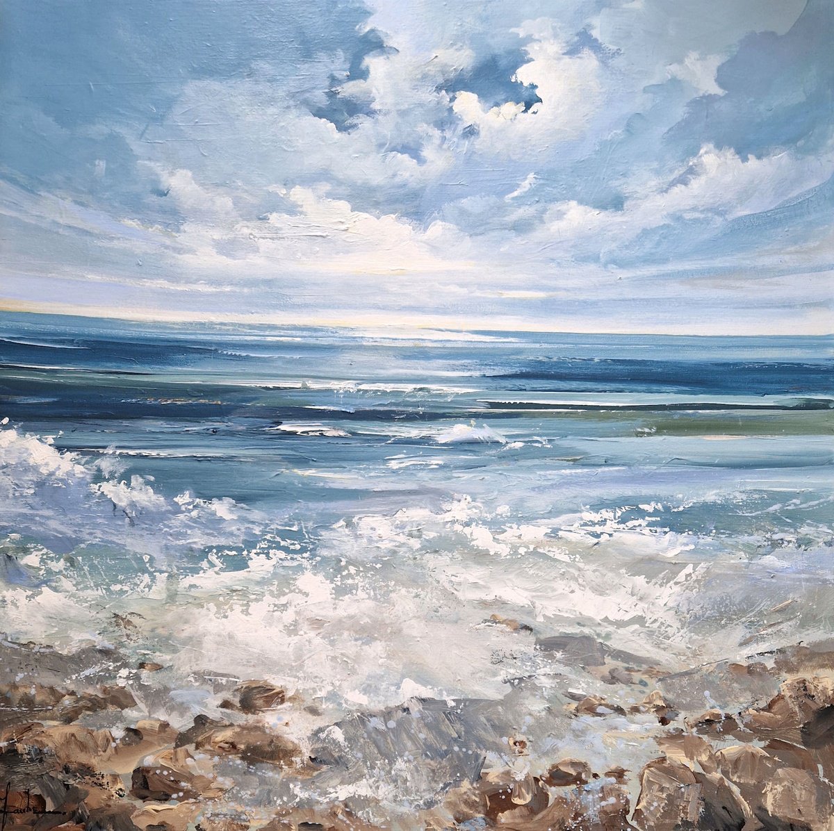 Impressionistic Landscape Acrylic Painting By Irina Laube, 28 X 28, Light At The North Sea, Original Artwork