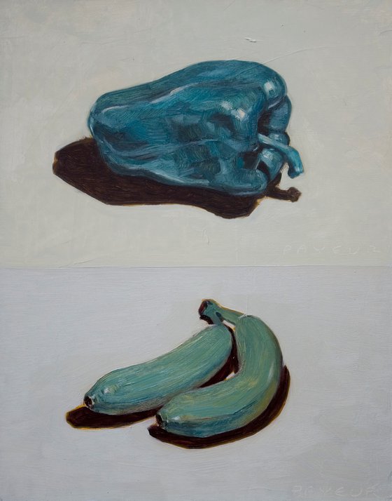 gift for food lovers: surreal modern diptych of blue pepper and banana