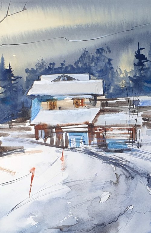 Sunny winter scenery with snow village - 2 by Elena Genkin