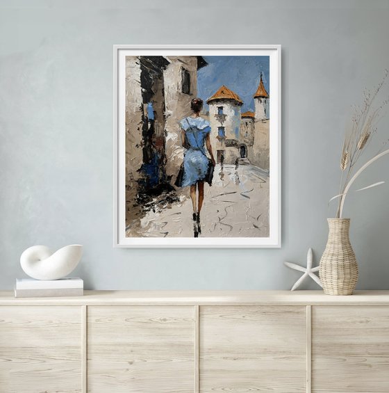 Lady in Blue. Old Town Stroll. Summer life.