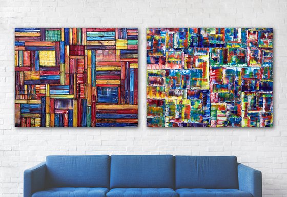 "Check Us Out" - FREE International Shipping/Discount USA Shipping - Original Xt Large PMS Abstract Diptych Oil Paintings On Canvas - 120" x 48"