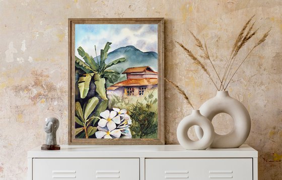 Thai house in the jungle - tropical original green watercolor