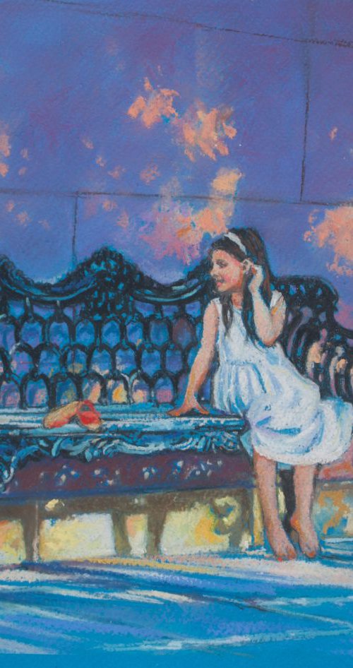 Young Girl On Bench With Red Shoes by Andre Leonard