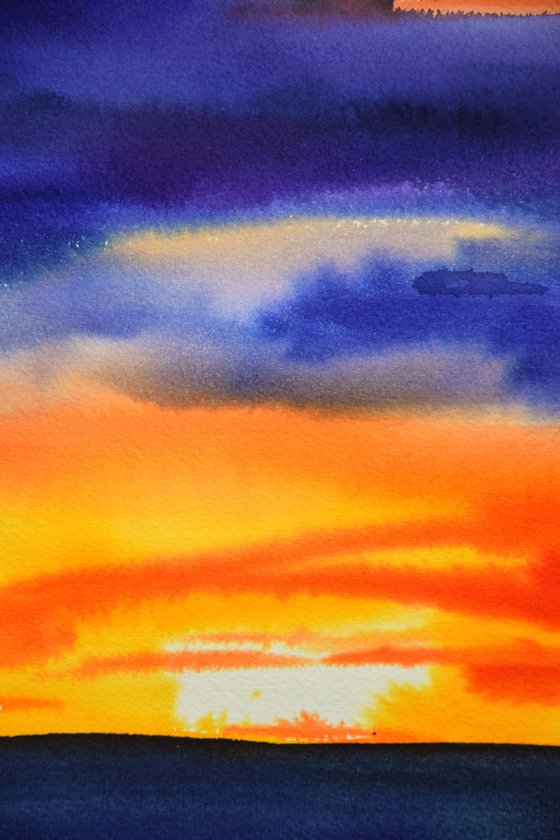 Seascape painting, sunset seaside original watercolor painting, sea ocean wall art