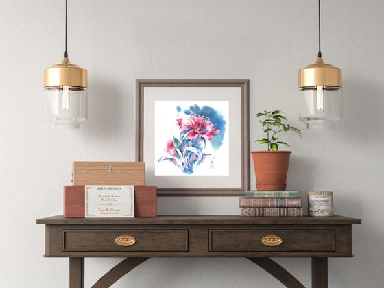 "Scent of a peony flower on a summer evening" original botanical watercolor square format