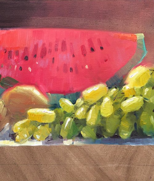 Still life with grapes and watermelon by Andrii Kovalyk