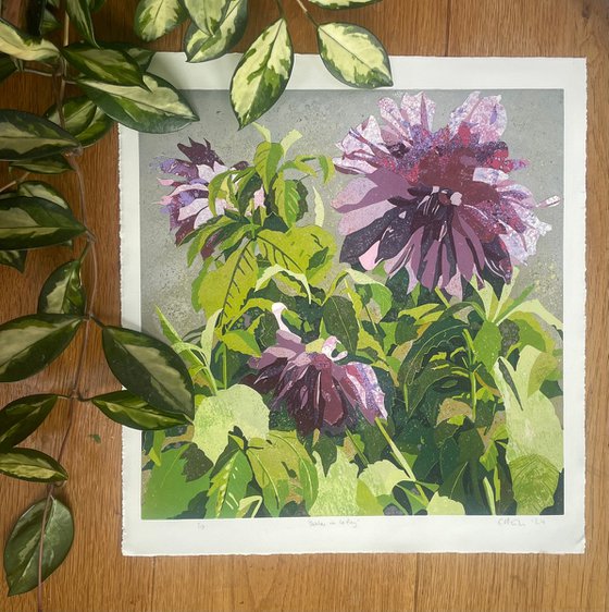 Linocut Print - Dahlias