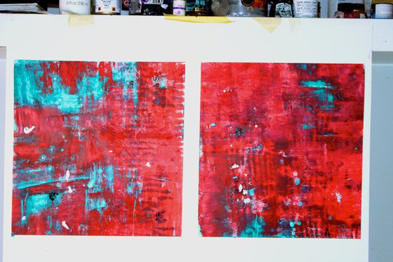 Red and turquoise cold wax 3