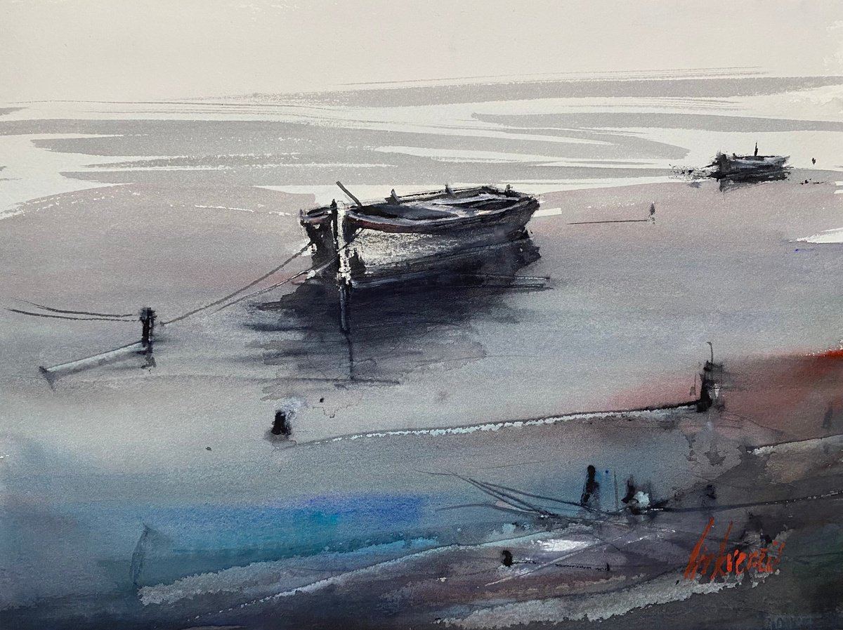 Impressionistic Landscape Watercolour By Tihomir Cirkvencic, 14 X 10", Old Boats, Original Artwork