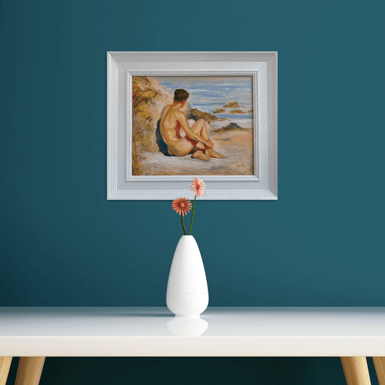 Impressionist style Male nude figure oil painting, with wooden frame.