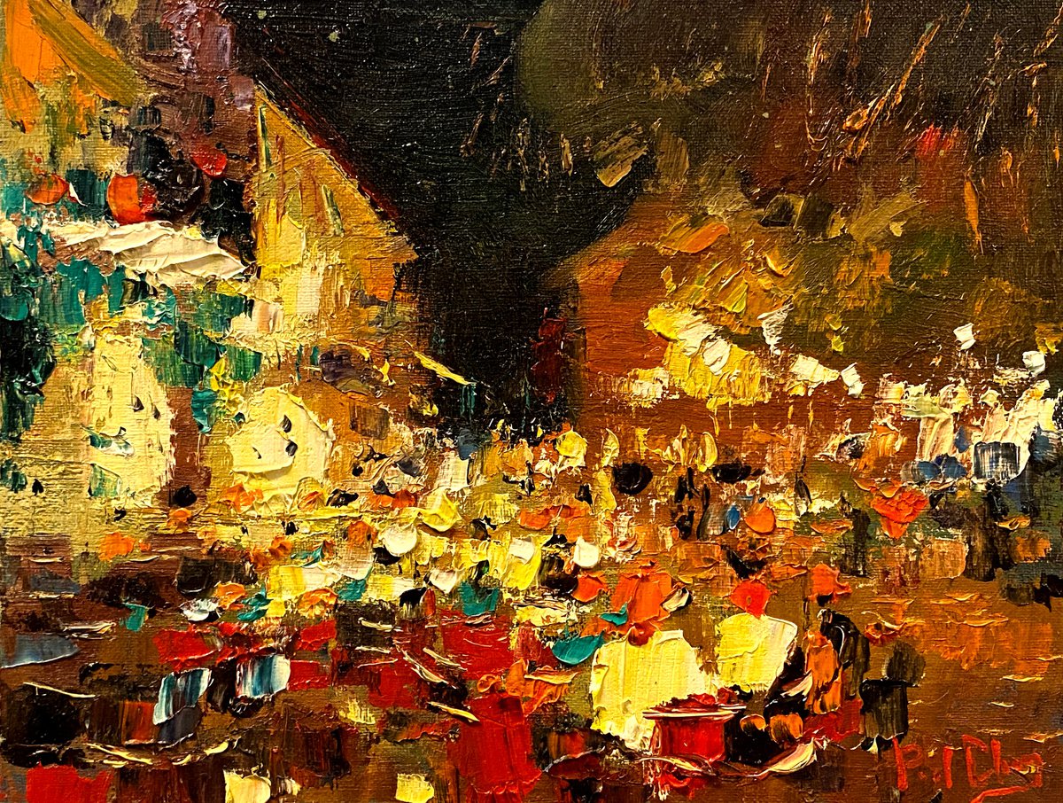 Abstract Oil Painting By Paul Cheng, 12 X 9", Abstract Party Night, Original Artwork
