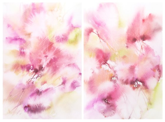 Pink flowers set, watercolor loose flowers painting