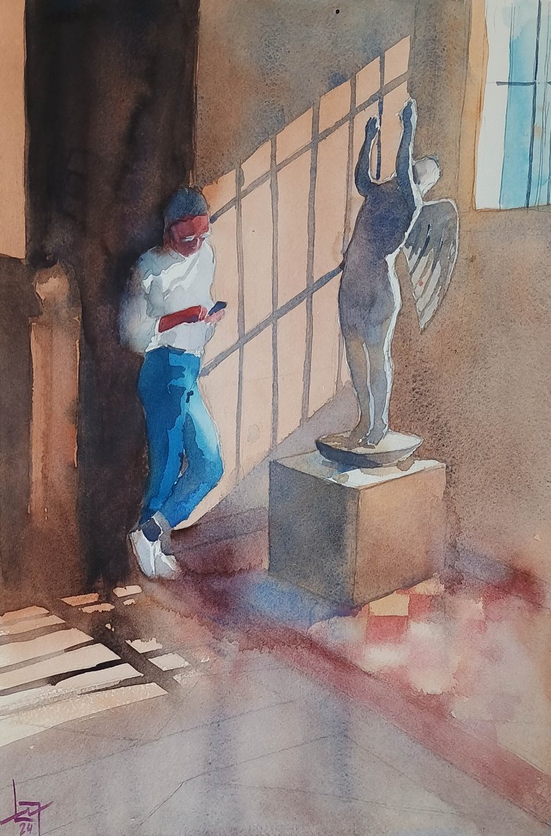 Expressive Portrait Watercolour By Flavio Furlan, 13 X 22, Virgin With The Smartphone, Original Artwork