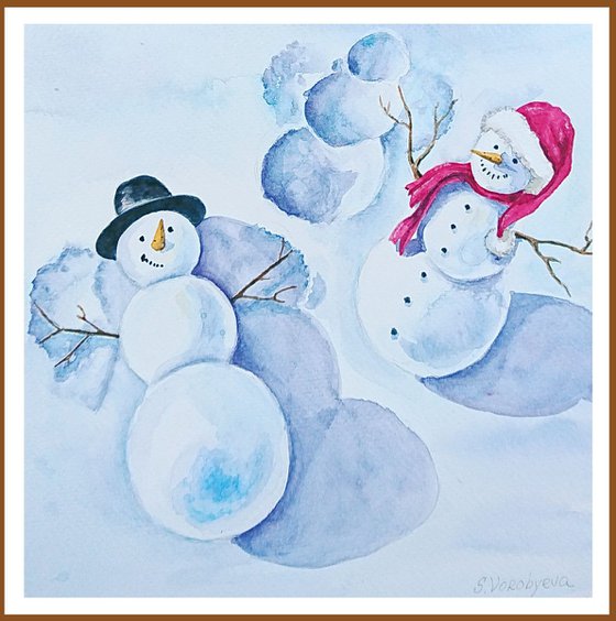 Snowmans party. Watercolor painting by Svetlana Vorobyeva