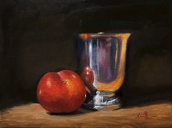 Plum & Silver Pot Still Life original oil realism painting, with wooden frame.