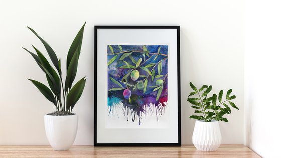 Olives on a dark background - original watercolor, falling paint