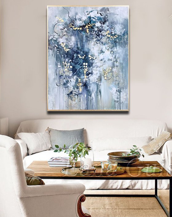 Looking Beyond - Abstract White Grey Painting Large Canvas, Gold Leaf, Minimalist Painting