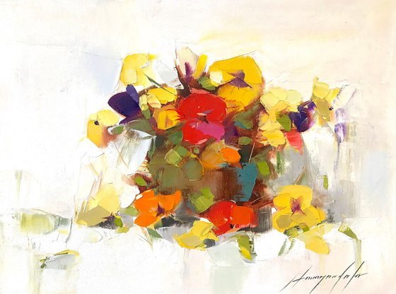 Pansies, Oil painting by Palette Knife, One of a kind, Handmade artwork