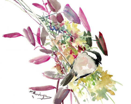 Chickadees, Bird and flowers