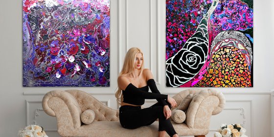 2 pieces 200х100 cm Abstract paintings large wall art black burgundy lilac relief diptych