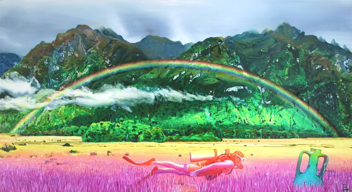 Surrealistic Landscape Oil Painting By Zoltan Till, 43 X 24", In The Footsteps Of Ancient Myths, Original Artwork
