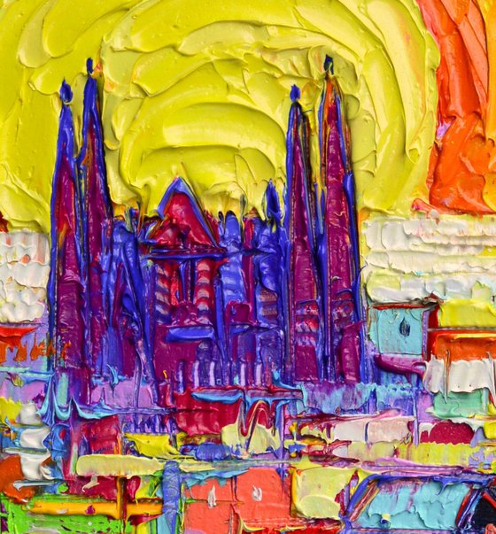 SAGRADA FAMILIA AT SUNRISE FROM PARK GUELL abstract stylized cityscape impasto textural modern impressionist palette knife oil painting by Ana Maria Edulescu