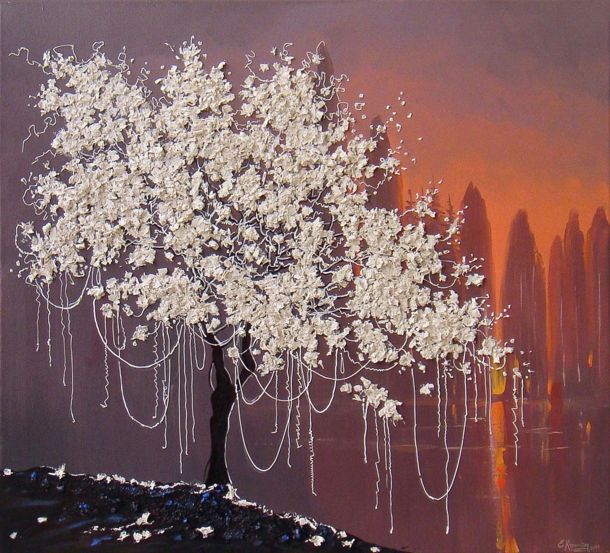 Flowering Tree/ Spring Sunset on the River/ Large Painting by Irini Karpikioti