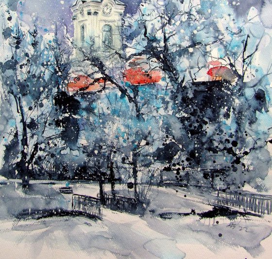 Serbian church at snowfall