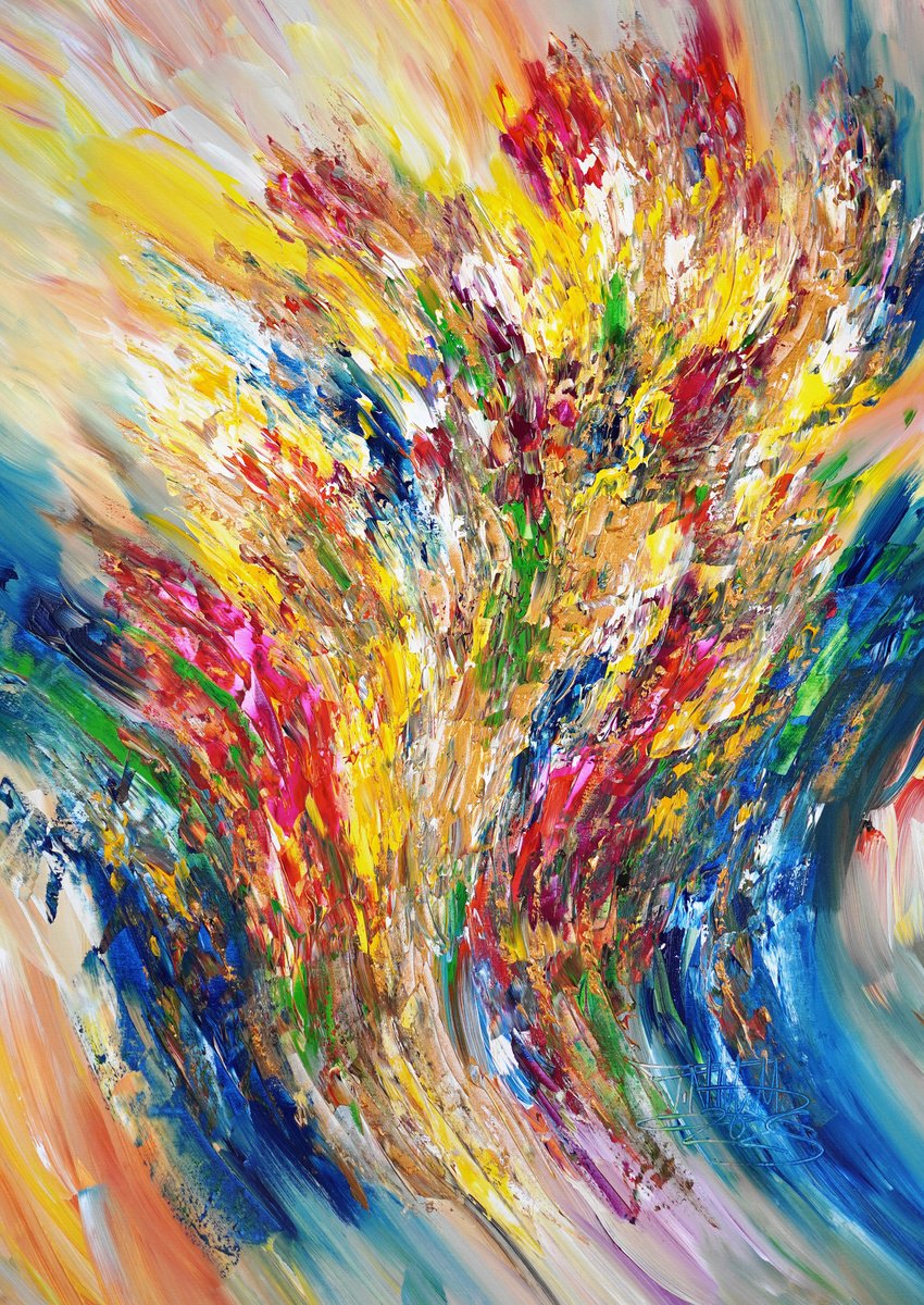 Abstract Acrylic Painting By Peter Nottrott, 33 X 47", Celebration Gold M 1, Original Artwork