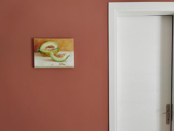 Melon fruit oil painting Original still life kitchen wall decor 12x16''