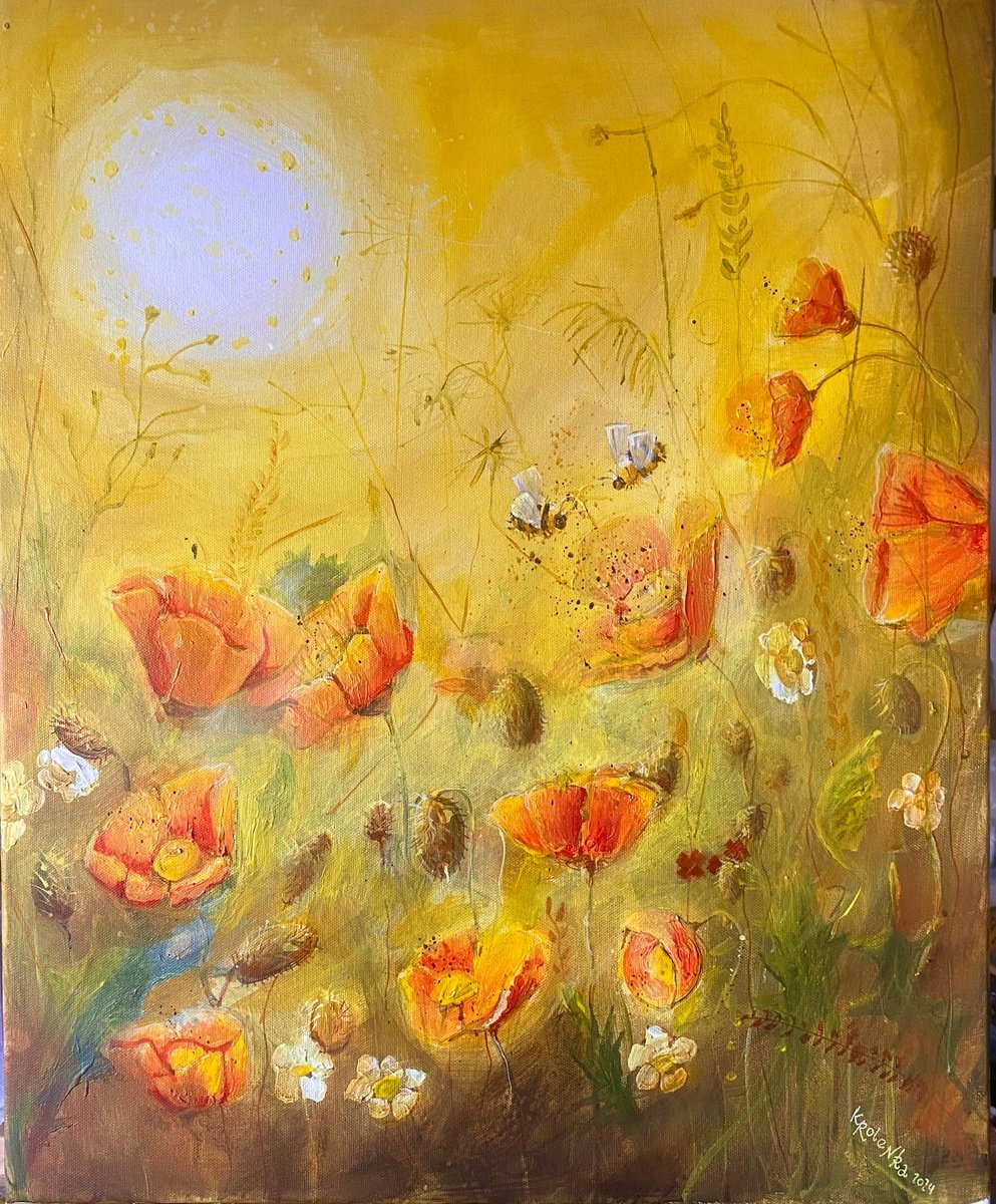 Impressionistic Botanical Acrylic Painting By Alexandra Krasuska, 20 X 24, Californian Poppies, Original Artwork