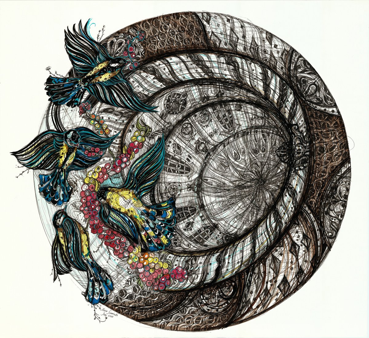 Impressionistic Animal Painting By Maria Susarenko, 32 X 32", Birds&Berries Tondo, Original Artwork