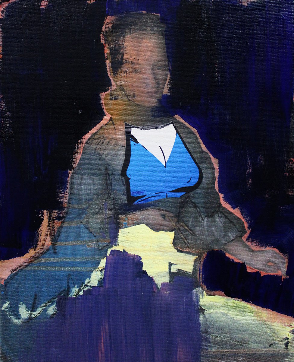 Expressive Portrait Acrylic Painting By Milos Hronec, 13 X 16", Cross-Section Through Time Ii, Original Artwork