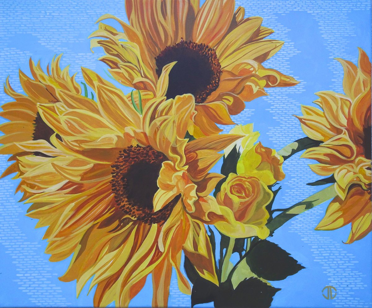 Impressionistic Botanical Acrylic Painting By Joseph Lynch, 24 X 20, Summer Sunflowers 2, Original Artwork