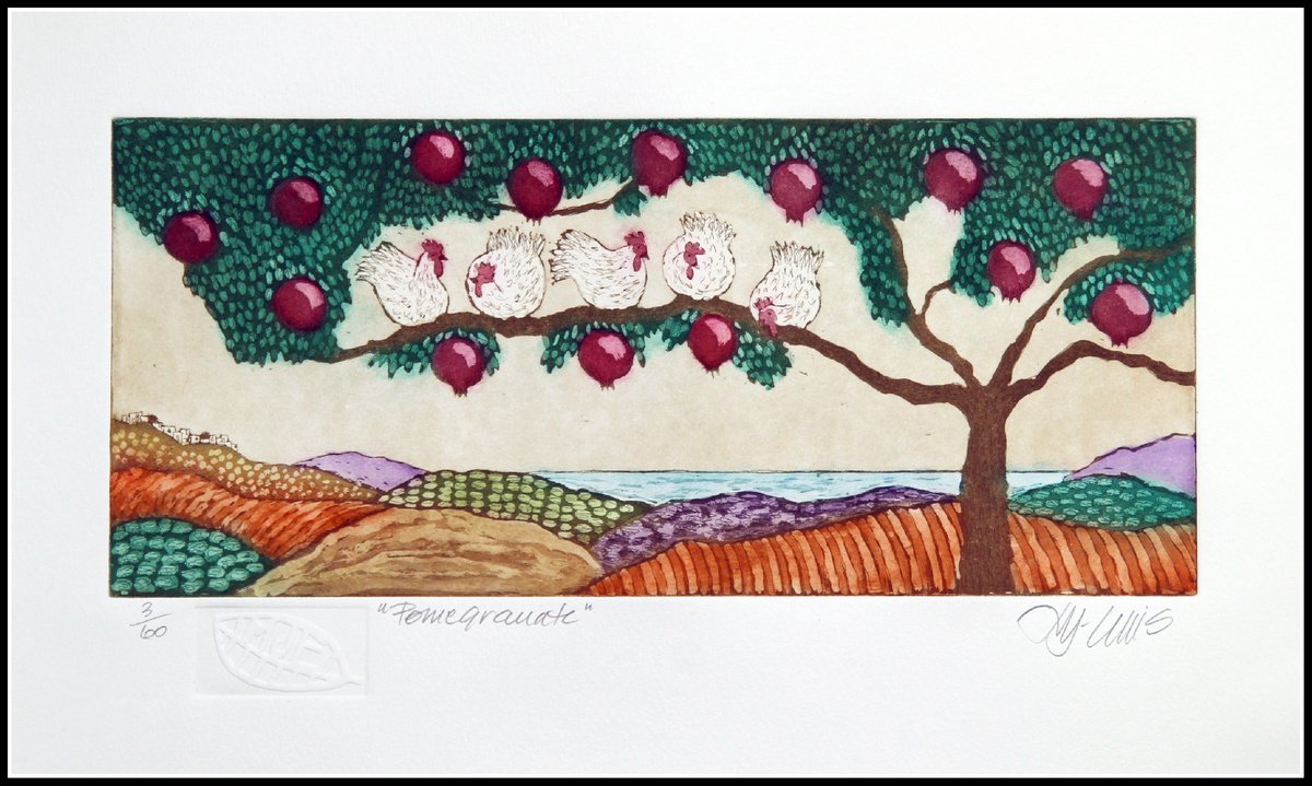 Illustrative Landscape Etchings & Engravings By Mariann Johansen-Ellis, 17 X 10", Pomegranate Tree And Hens, Original Artwork