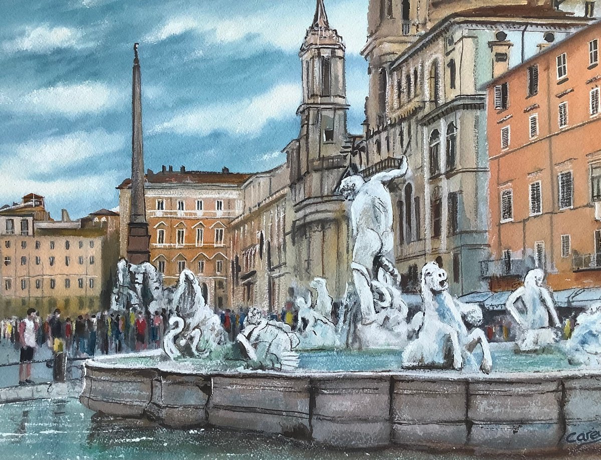 Impressionistic Cityscapes Watercolour By Darren Carey, 15 X 11, Fountain Of Neptune, Original Artwork