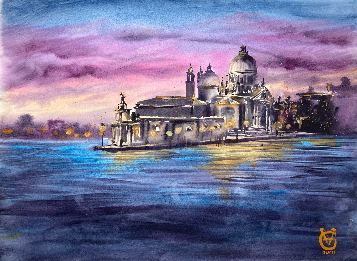 Impressionistic Landscape Watercolour By Valeria Golovenkina, 16 X 12", San Marco. Post-Sunset, Original Artwork