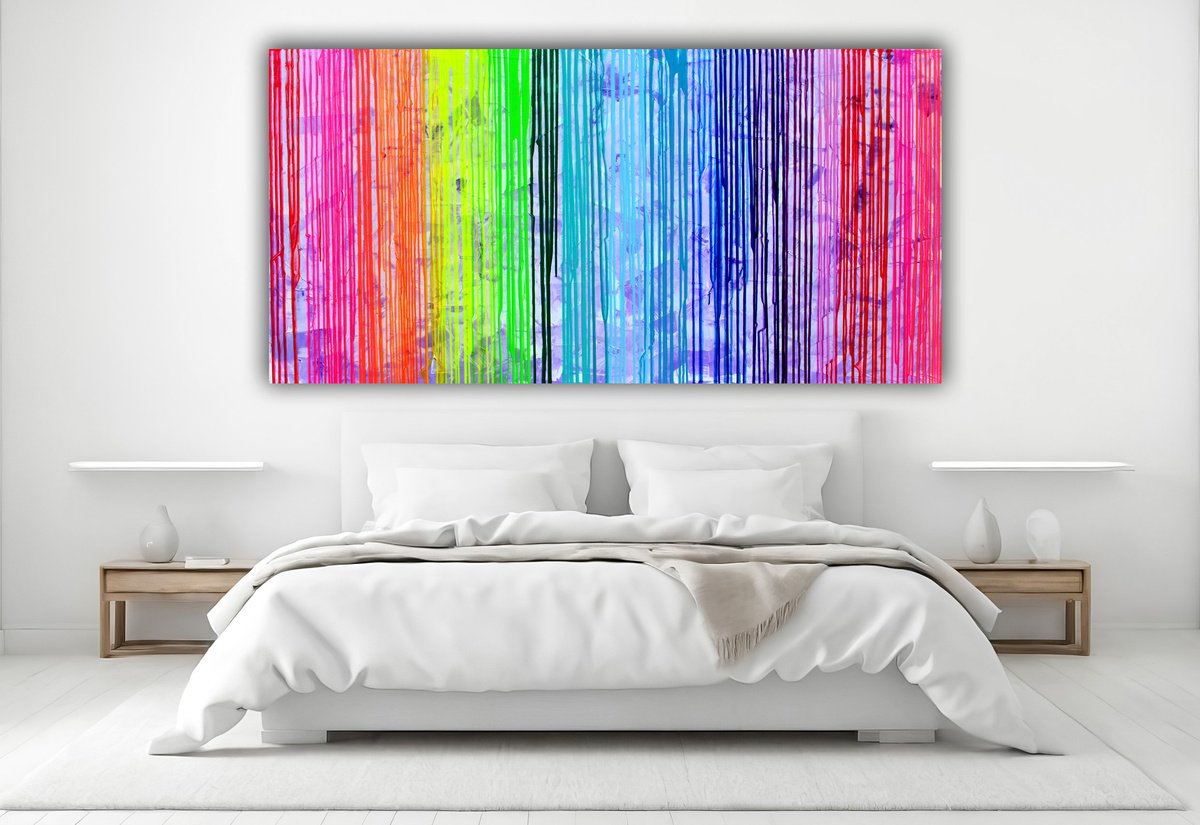 Impressionistic Landscape Acrylic Painting By Soos Tiberiu, 63 X 31", Melted Rainbow, Original Artwork