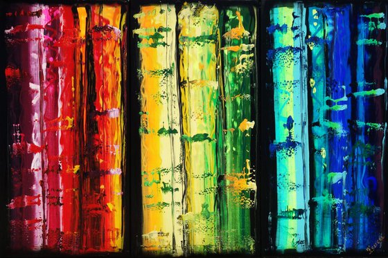 Rainbow A352 Large abstract paintings Palette knife 100x150x2 cm set of 3 original abstract acrylic paintings on stretched canvas