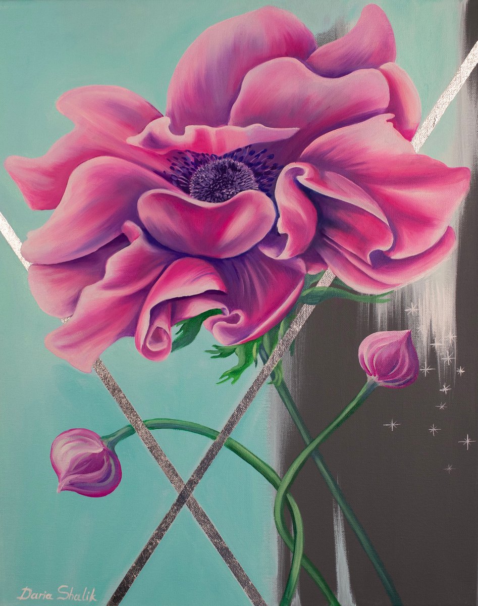 Pink Anemone / Original painting with flowers by Daria Shalik