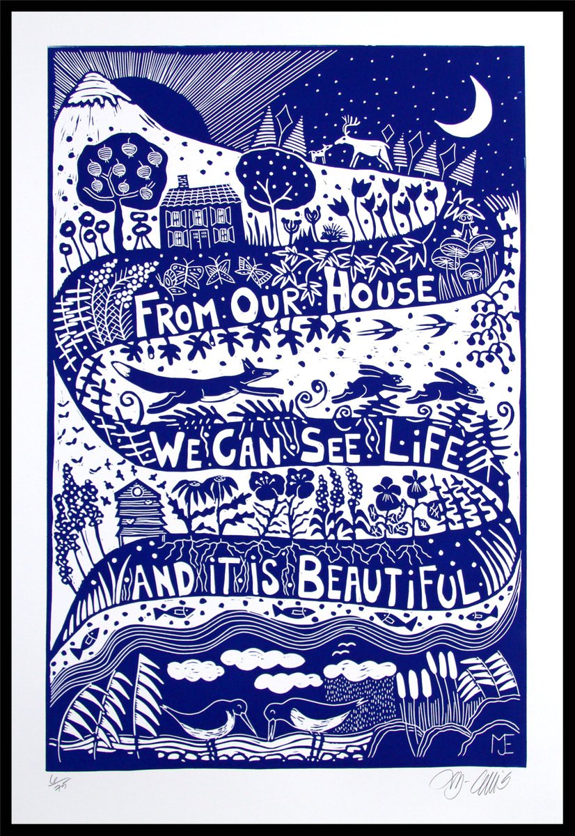 Life is beautiful, XL blue and white linocut by Mariann Johansen-Ellis
