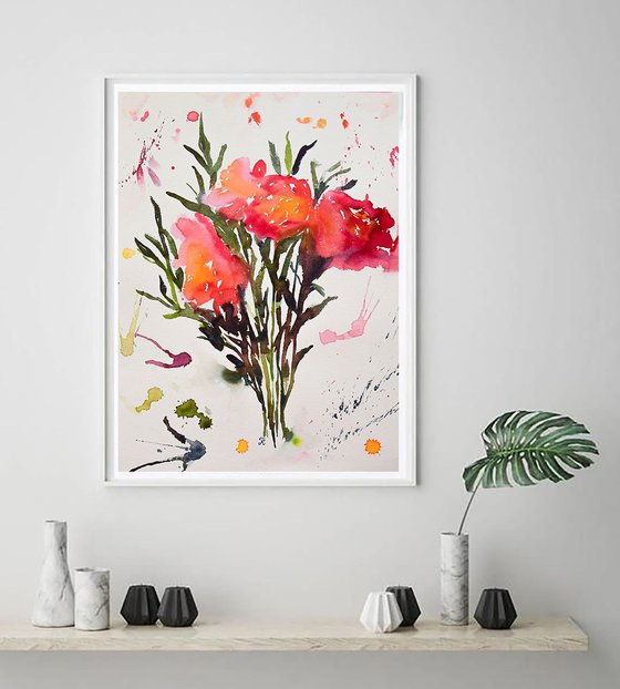 Abstract flowers bouquet original watercolor painting, botanical artwork, gift for her