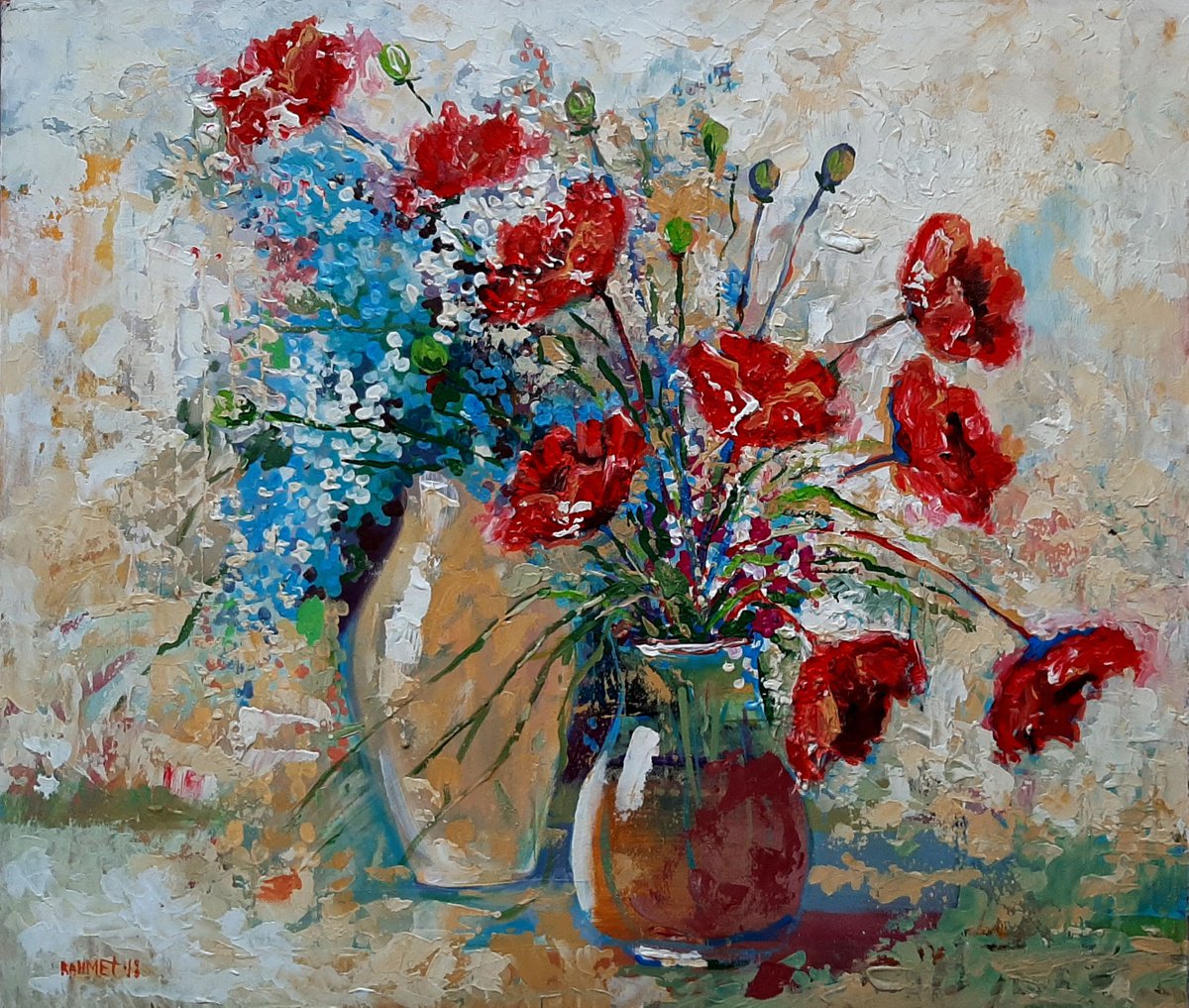 Impressionistic Botanical Acrylic Painting By Rakhmet Redzhepov, 28 X 24", Poppies And Two Jugs., Original Artwork