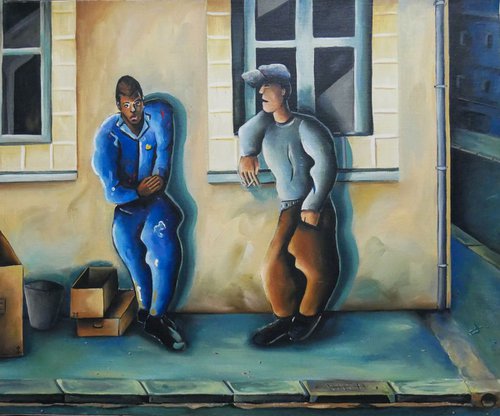 Oil painting on canvas, La Pause, The Workers ( youth artwork ) by Lionel Le Jeune