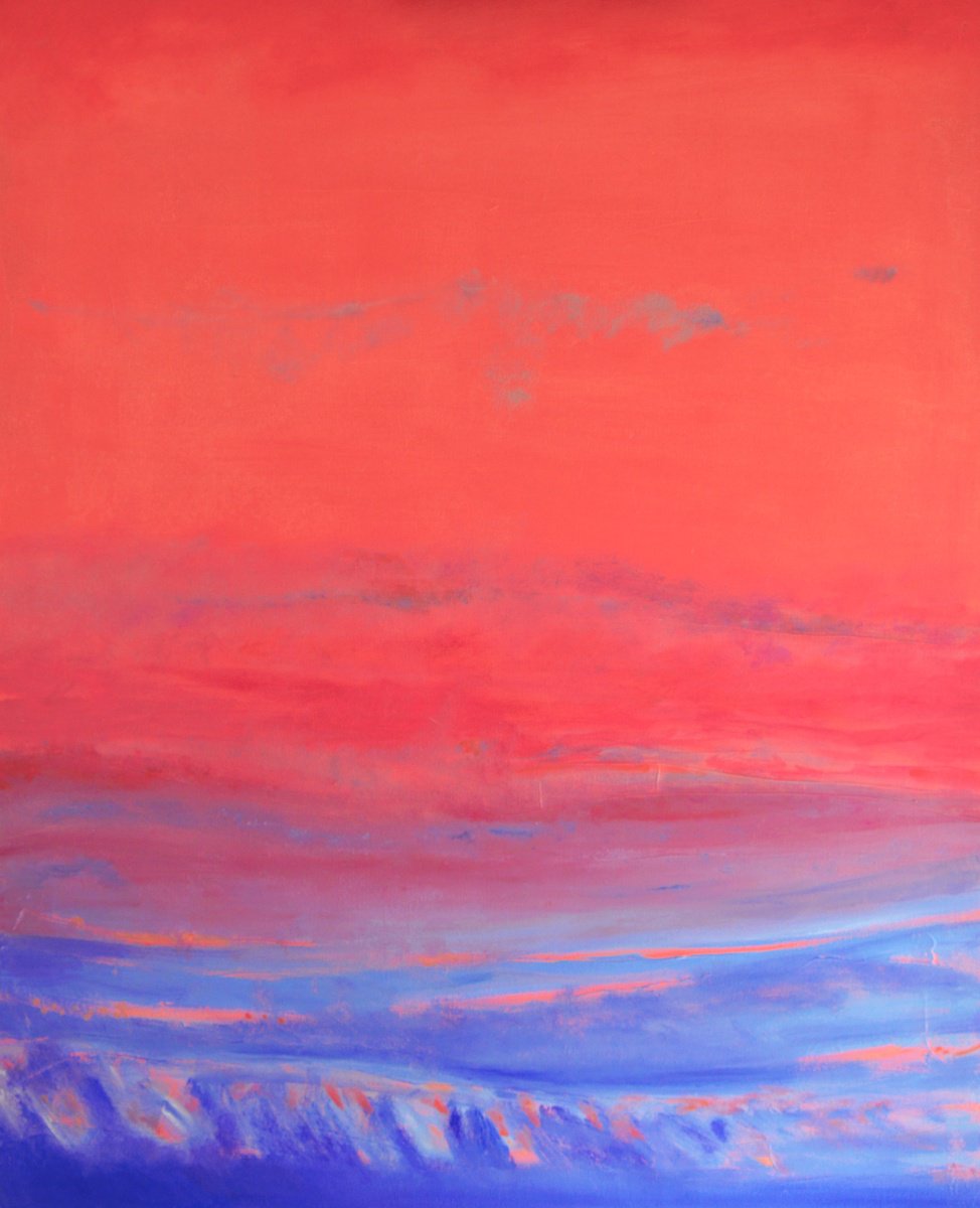 Organic Landscape Oil Painting By Cristian Valentich, 32 X 39, Red Sunset, Original Artwork