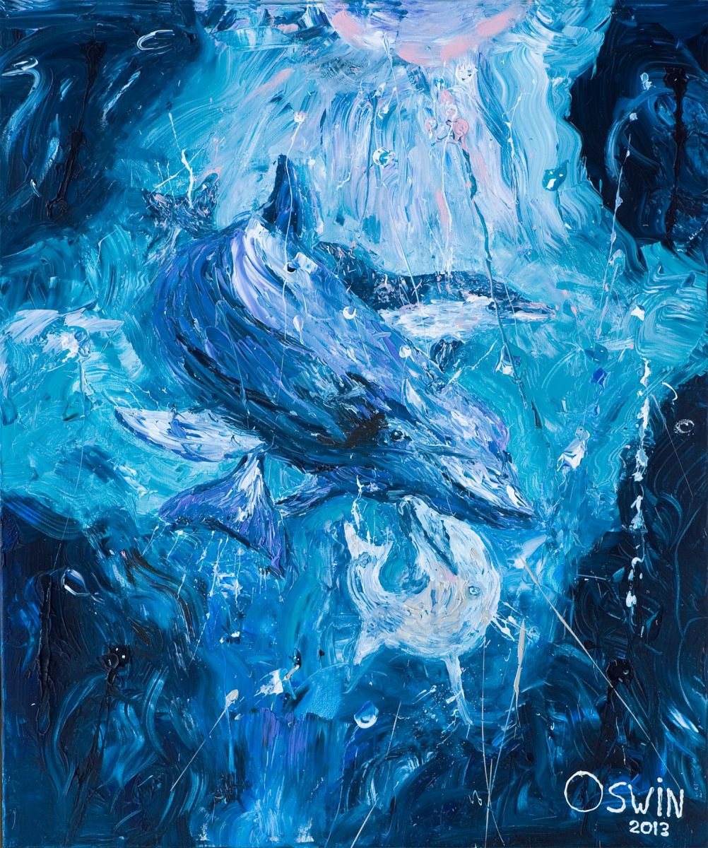 Expressive Animal Acrylic Painting By Oswin Gesselli, 39 X 47", Dolphins 100 X 120 X 4 Cm. Sea, Dolphins, Sealife, Artfinder