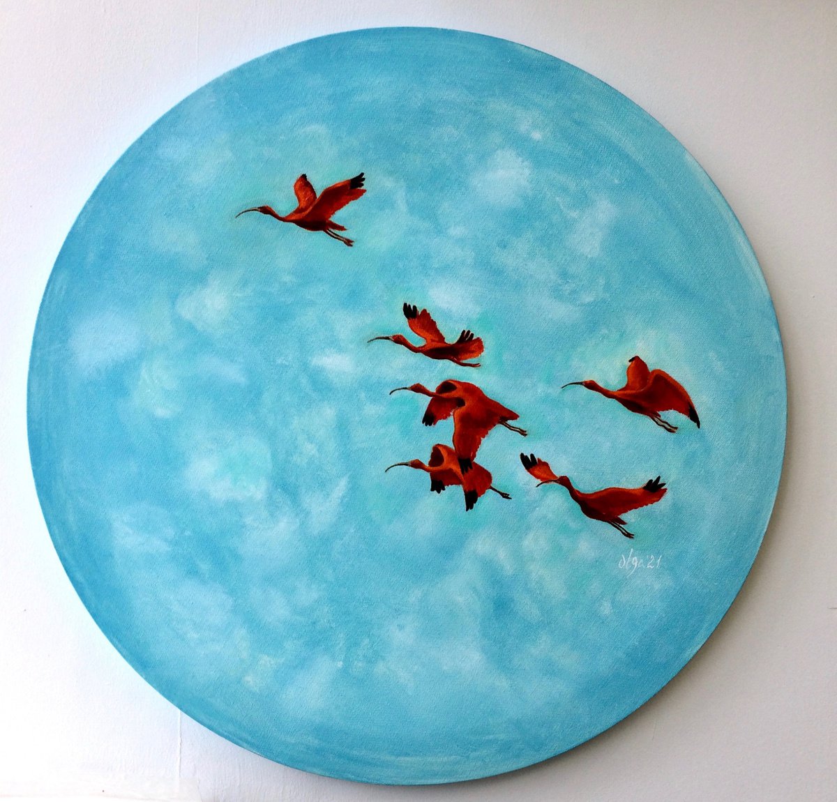 Round painting with flying red ibis and blue sky - The red thread by Olga Ivanova