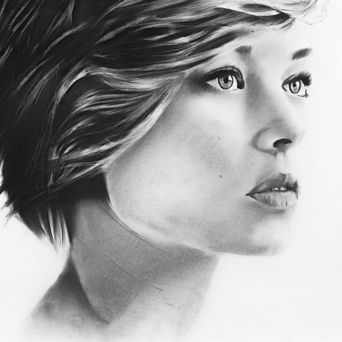 Photorealistic Portrait Charcoal Drawing By Denny Stoekenbroek, 14 X 14, Ethereal Gaze, Original Artwork